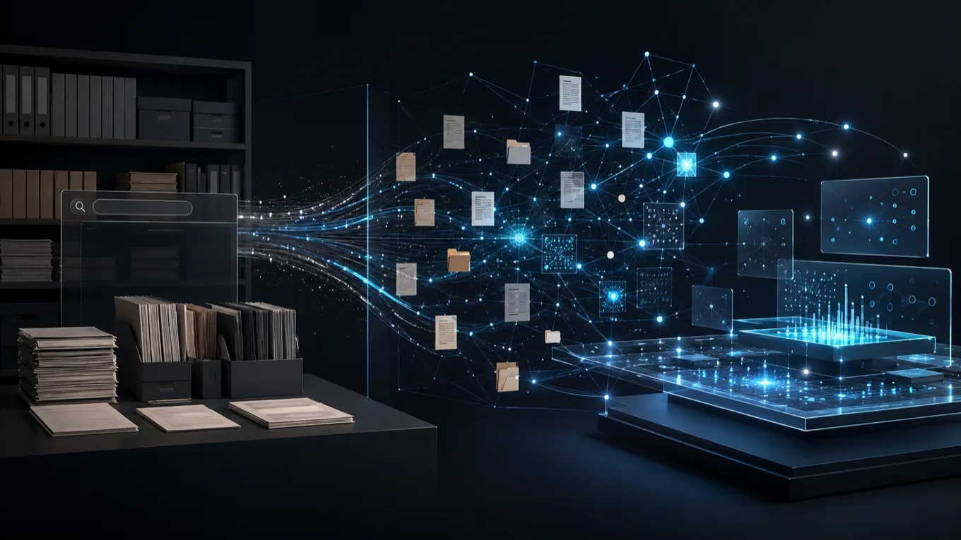Physical document archive dissolving into a connected AI knowledge graph