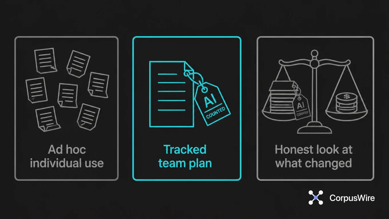 Diagram of the AI ROI method: ad hoc individual use, tracked team plan, honest look at what changed