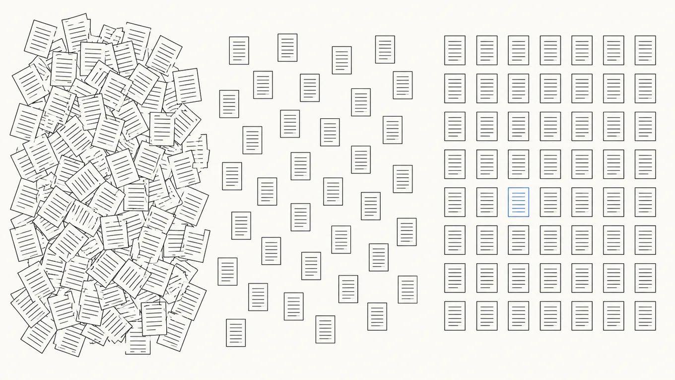 Abstract illustration of scattered documents resolving left to right into an ordered grid, with one document highlighted in cobalt blue as the retrieved result