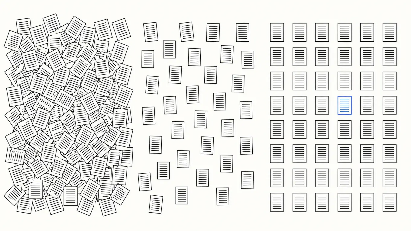 Abstract illustration of a chaotic pile of documents on the left resolving into an ordered, evenly-spaced grid on the right, with one document highlighted in cobalt blue as the result retrieved from the collection.