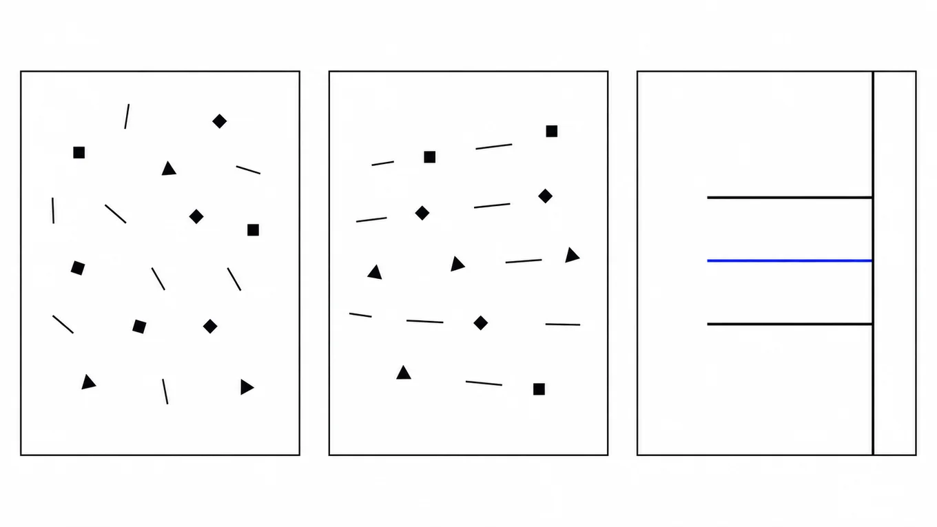 Three panels showing scattered shapes becoming ordered, then resolving into parallel lines at a shared boundary, representing documents moving from disorganized filing through routing to a single point of record.