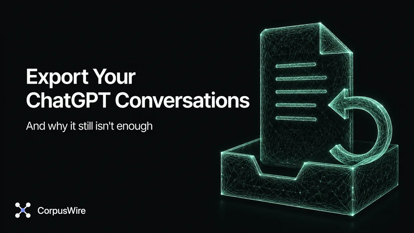 Glowing wireframe illustration of a document exporting into a tray with a looping return arrow, symbolizing manual re-upload, beside the headline Export Your ChatGPT Conversations, and why it still isn’t enough.