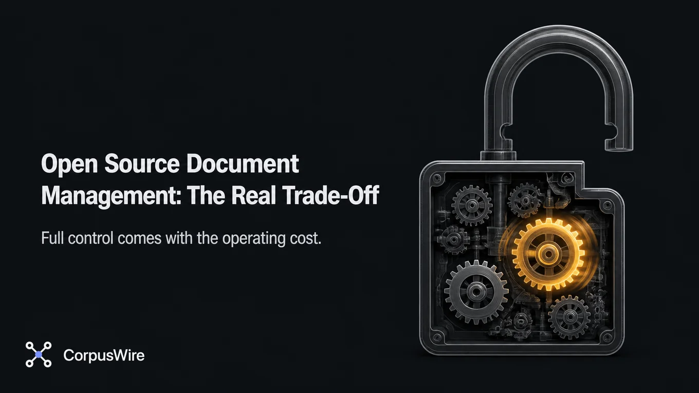Open source document management: unlocked padlock with turning gears, representing control traded for operational upkeep