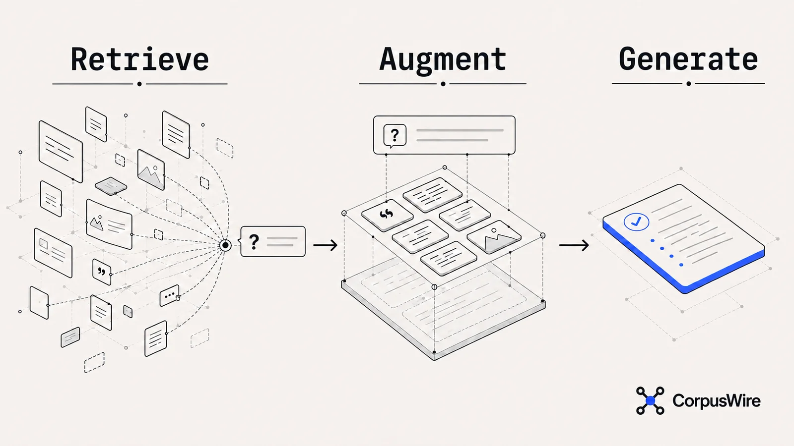 Three-stage diagram showing RAG’s process: scattered documents converging into a query, merging with retrieved passages, and resolving into a single generated answer.