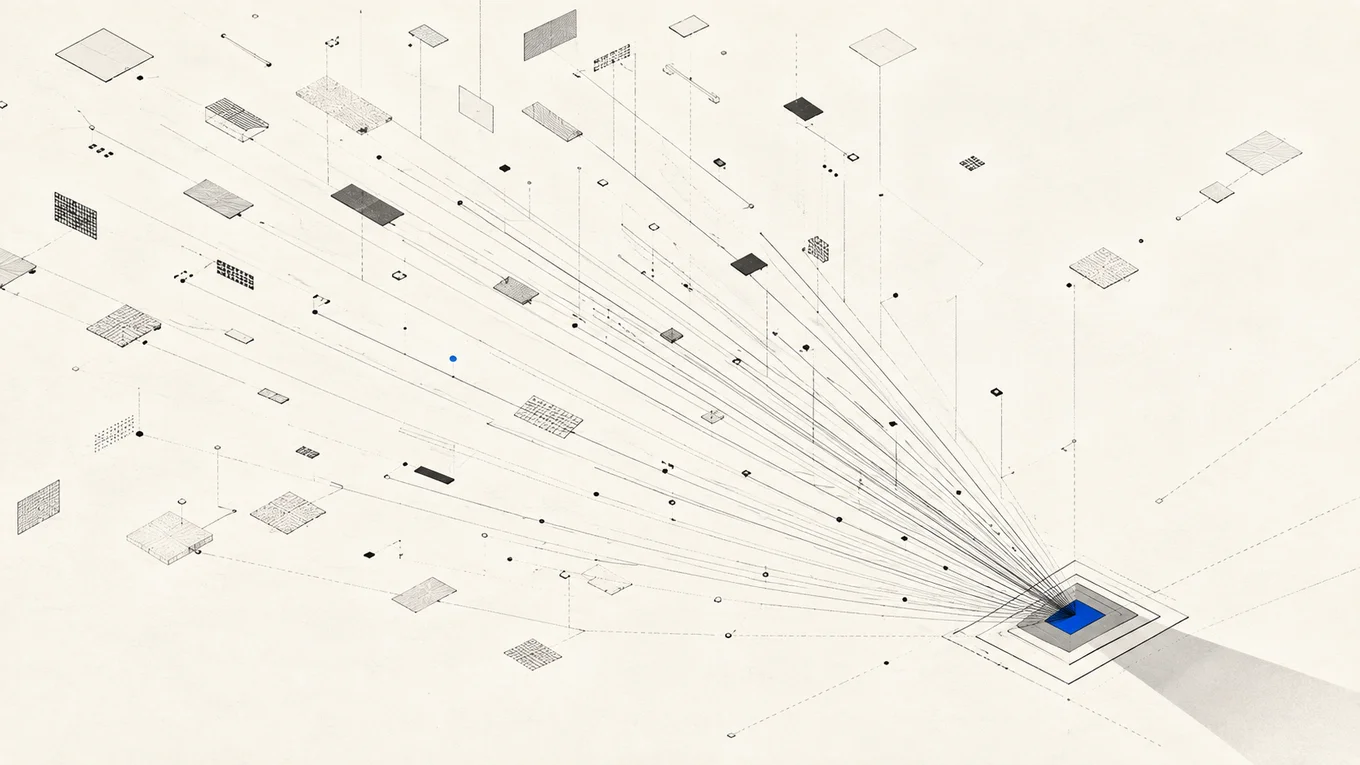 Scattered document fragments connected by lines converging into a single indexed point, representing retrieval-augmented generation pulling relevant sources into one answer.