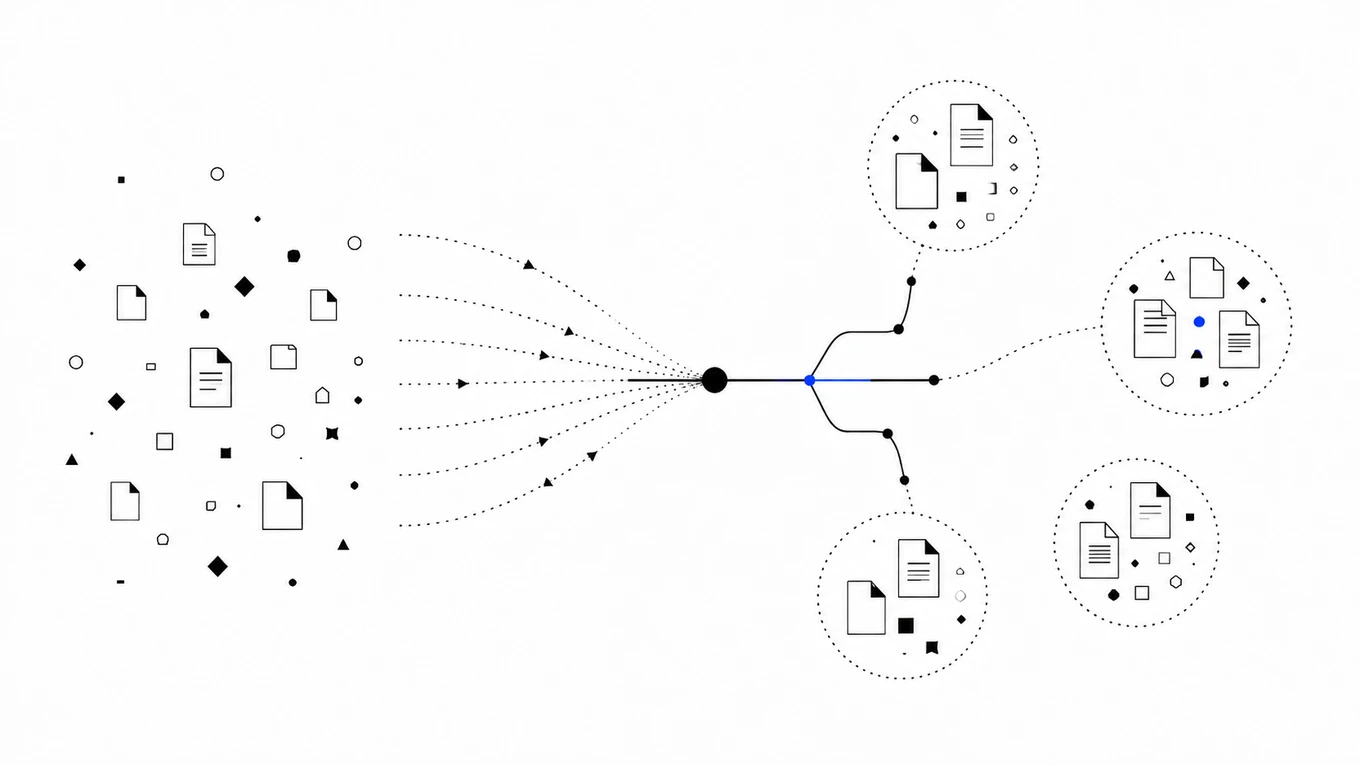 Abstract illustration of scattered data points organizing into a connected structure, representing a vector database