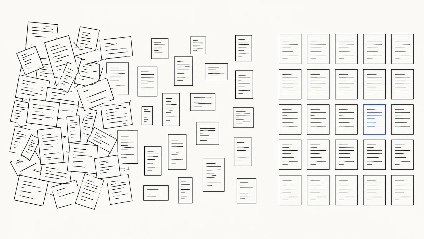 Abstract illustration of scattered documents converging into an ordered, indexed grid, representing disorganized knowledge becoming structured and findable.