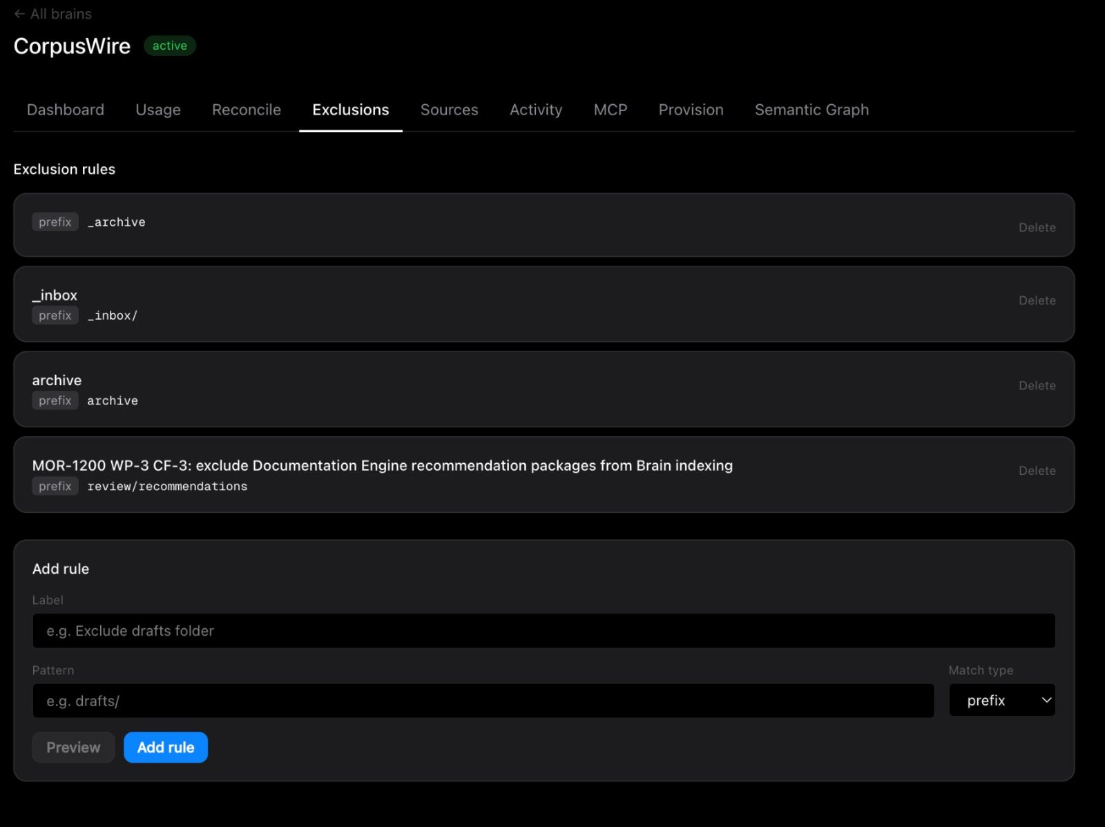 CorpusWire console Exclusions tab showing exclusion rules