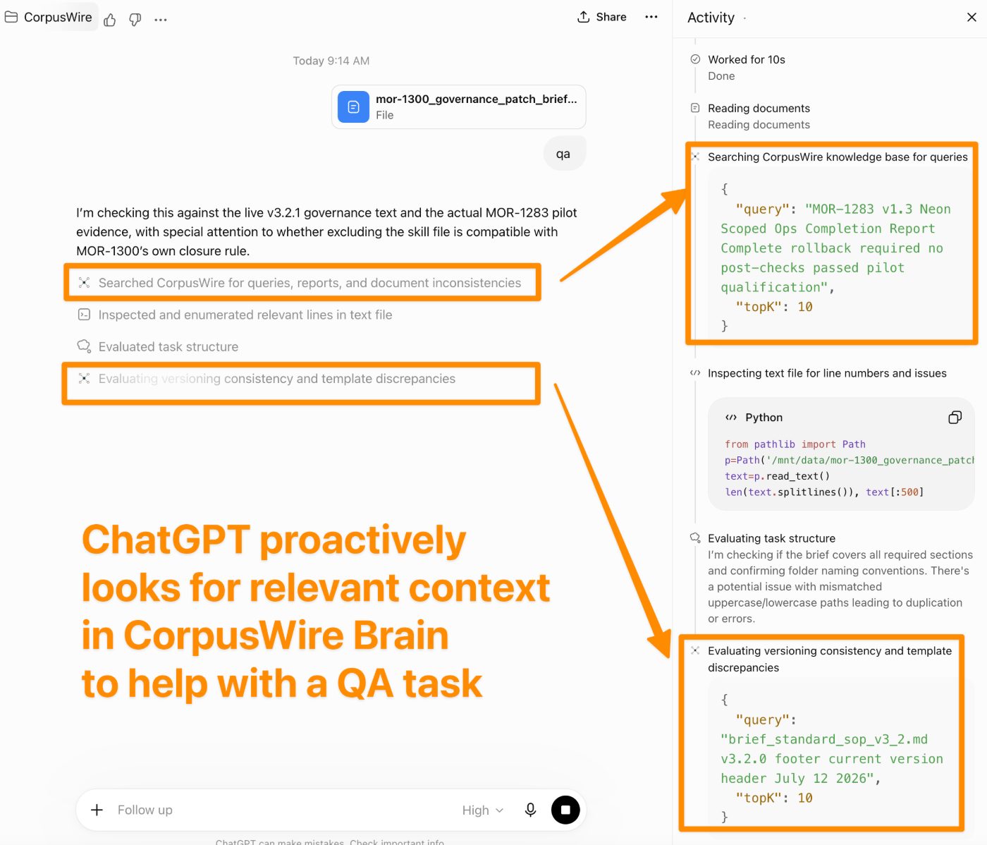 ChatGPT activity log showing the real CorpusWire search query and parameters during a QA task