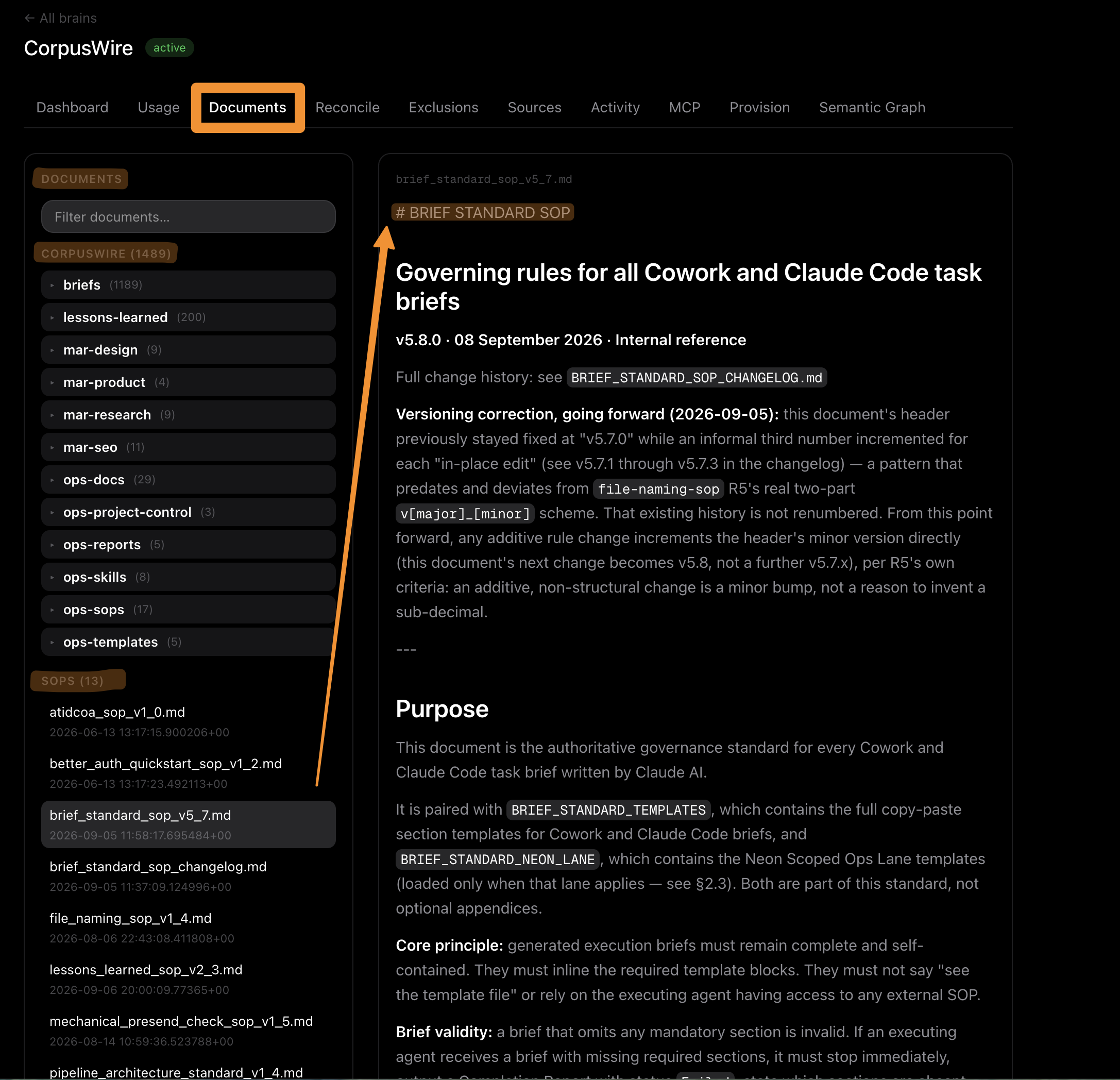 CorpusWire console Documents tab showing the browsable wiki of every indexed brief, SOP, and lesson learned