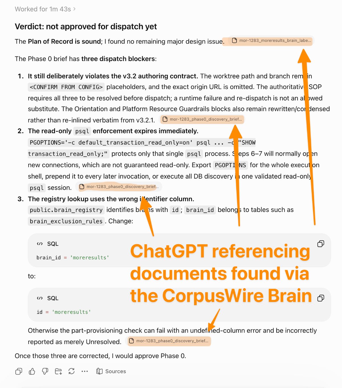 ChatGPT QA verdict citing three blocking findings, each traced to a CorpusWire source document
