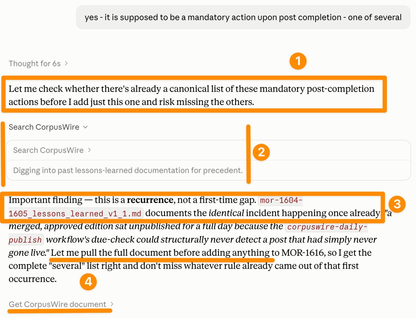 Claude searches CorpusWire unprompted and finds a lessons-learned document describing the identical incident